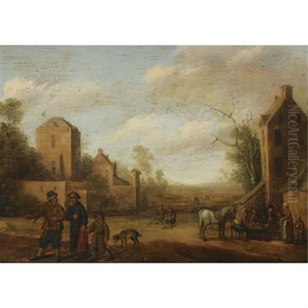 A Village Scene With Travellers On A Path, Peasants Sitting At A Table To The Right Oil Painting by Cornelis Droochsloot