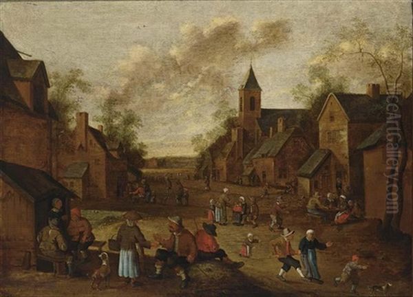 A Village Street With Peasants Conversing And Drinking Near An Inn, A Church To The Right Oil Painting by Cornelis Droochsloot