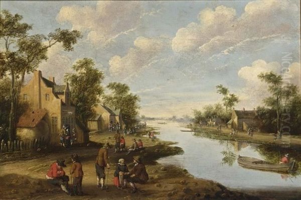 A River Landscape With Figures Resting Near An Inn, A Fisherman In A Boat To The Right Oil Painting by Cornelis Droochsloot