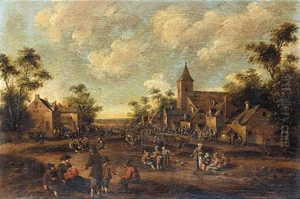 Village Scene With Crowds Of Figures Before A Church by Cornelis Droochsloot