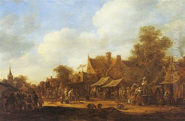 Rue De Village Anime De Marchands Et De Saltimbanques Oil Painting by Cornelis Droochsloot