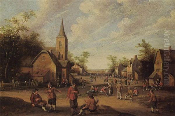 A Village Scene With Figures Conversing Oil Painting by Cornelis Droochsloot