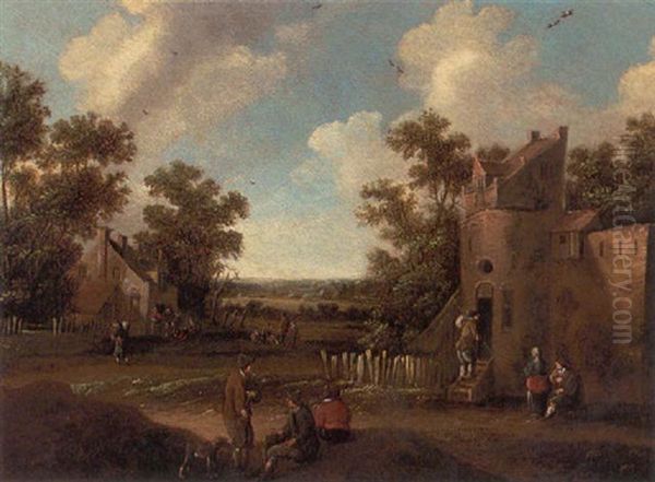 A View Of A Village With Peasants Conversing On A Road by Cornelis Droochsloot