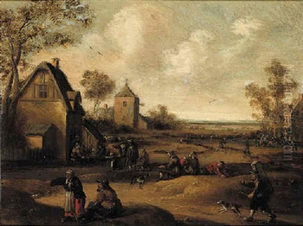 Travellers And Peasants On A Village Street, An Inn In The Distance Oil Painting by Cornelis Droochsloot