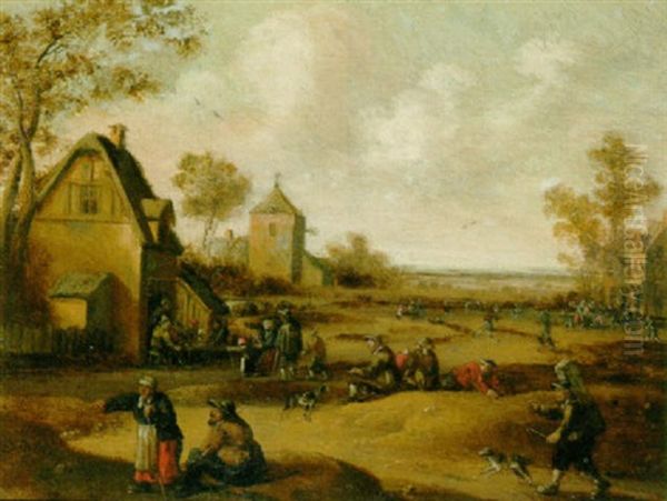 Travellers And Peasants On A Village Street, An Inn In The Distance Oil Painting by Cornelis Droochsloot