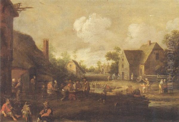 A Village Street With Boors At Table Outside A Tavern, Beggars In The Foreground Oil Painting by Cornelis Droochsloot