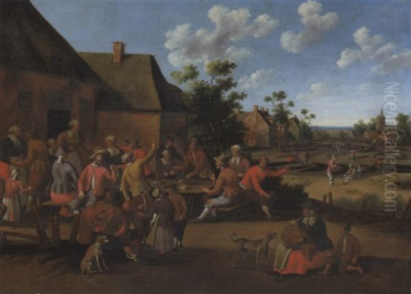 Peasants Feasting Outside An Inn In A Village Oil Painting by Cornelis Droochsloot