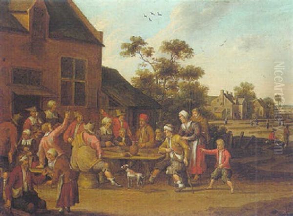 A Village Scene With Peasants At A Table Eating, Drinking And Making Merry Oil Painting by Cornelis Droochsloot