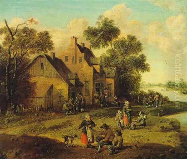 Dorf Am Flus Mit Feiernden Bauern by Cornelis Droochsloot