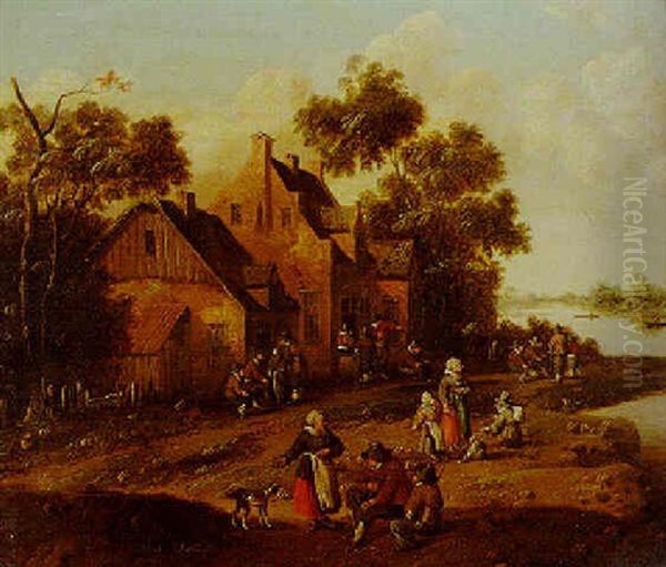 A River Landscape With Peasants Gathered Outside An Inn And Resting On A Riverbank Oil Painting by Cornelis Droochsloot