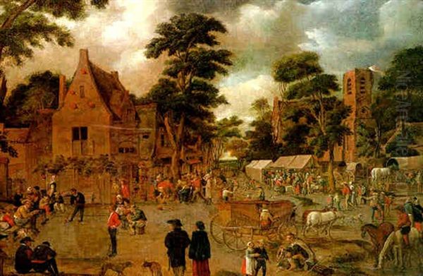 A Village Street Scene With Market Stalls And Villagers Playing Croquet And Dancing Around A Tree To A Fiddler Oil Painting by Cornelis Droochsloot