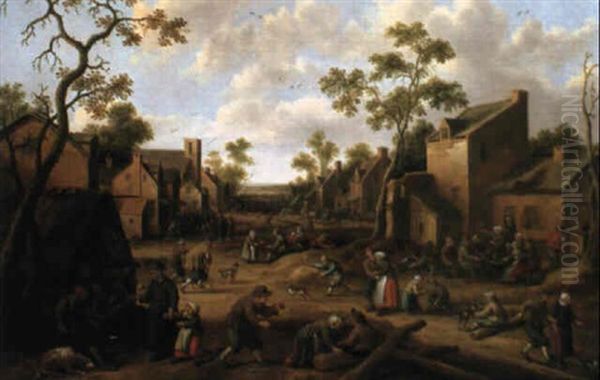 Belebte Dorfstrase Oil Painting by Cornelis Droochsloot