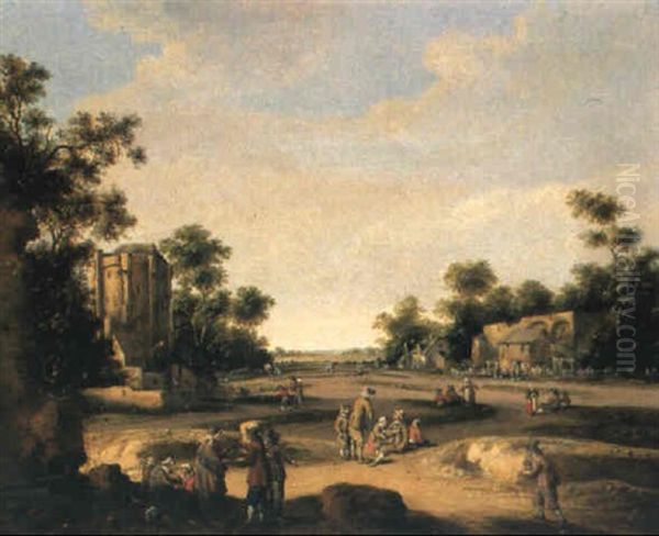 Belebter Dorfplatz Und Ruine In Bewaldeter Landschaft Oil Painting by Cornelis Droochsloot