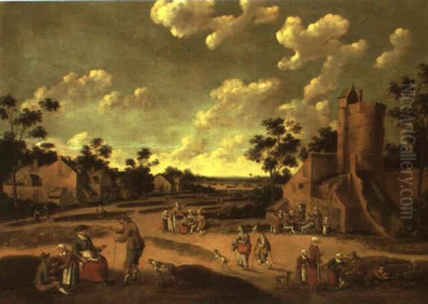 Village Street Scene With Figures Conversing And A Group Of Topers Oil Painting by Cornelis Droochsloot