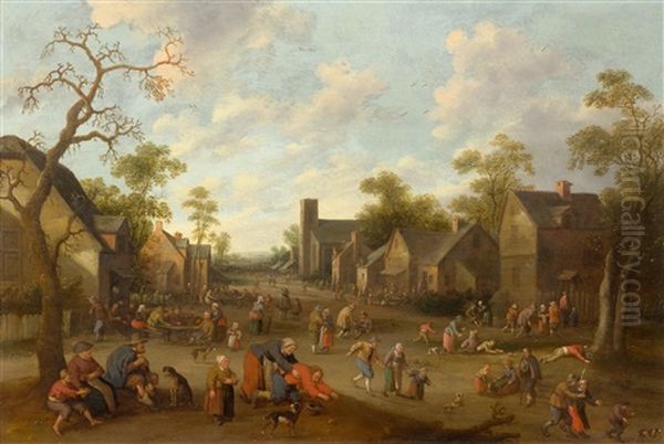 Village In A Landscape With Figures Oil Painting by Joost Cornelisz. Droochsloot