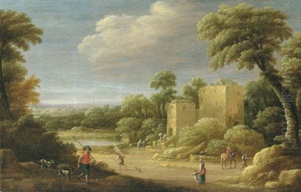 An Extensive Wooded Landscape With Townsfolk By A Villa Oil Painting by Joost Cornelisz. Droochsloot