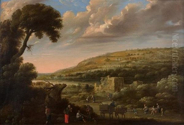 Paysans Pres De Ruines En Bordure De Fleuve Oil Painting by Joost Cornelisz. Droochsloot