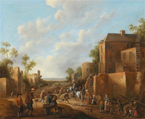 A Village Landscape With Country Folk Near A Tavern Oil Painting by Joost Cornelisz. Droochsloot