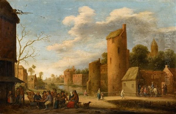 Landscape With A Fortified Town And Peasants By A Tavern Oil Painting by Joost Cornelisz. Droochsloot