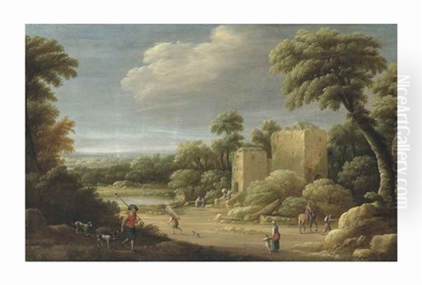 An Extensive Wooded Landscape With Townsfolk By A Villa Oil Painting by Joost Cornelisz. Droochsloot