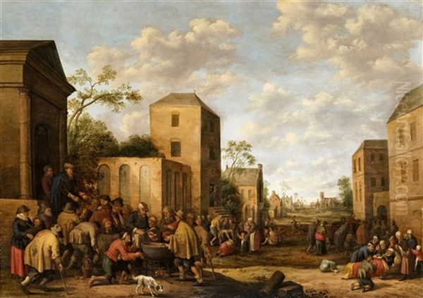 Stadtlandschaft Mit Darstellungen Der Werke Der Barmherzigkeit Oil Painting by Joost Cornelisz. Droochsloot