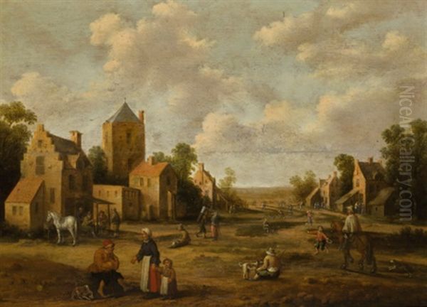 A Village Landscape With Figures And Horsemen Conversing Oil Painting by Joost Cornelisz. Droochsloot