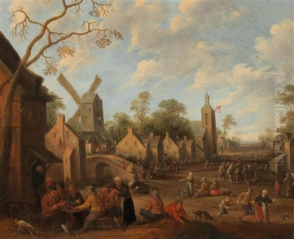 A Busy Village Road With Peasants Outside An Inn Oil Painting by Joost Cornelisz. Droochsloot