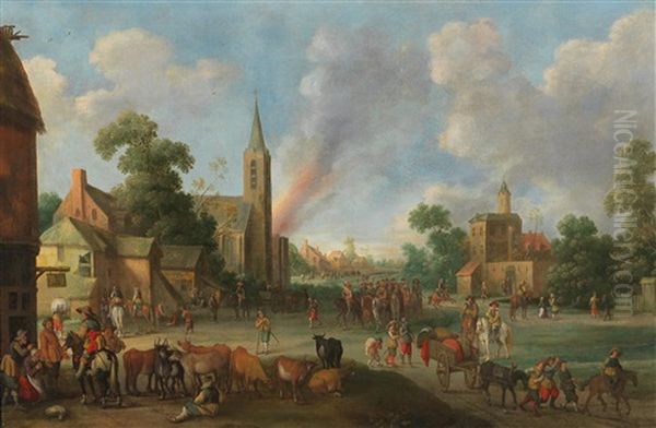 Soldiers On Horseback Entering A Town Oil Painting by Joost Cornelisz. Droochsloot