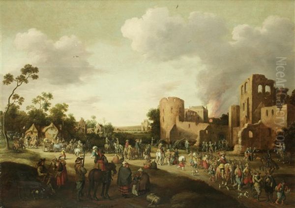 Militiamen Escorting People From A Besieged Town Oil Painting by Joost Cornelisz. Droochsloot