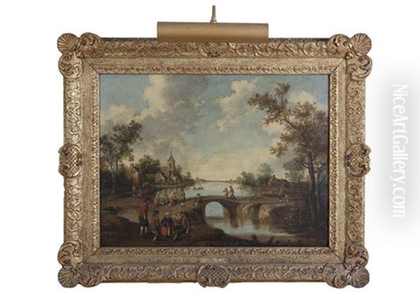 Figures On A Bridge Outside A Village Oil Painting by Joost Cornelisz. Droochsloot