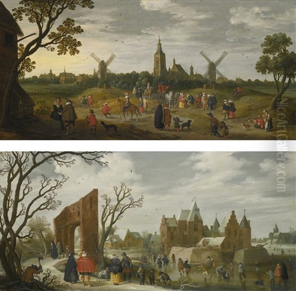 Summer Landscape With Elegant Figures And A Distant View Of The Hague; Winter Landscape With Figures On A Path, And Skaters On A Frozen River Oil Painting by Joost Cornelisz. Droochsloot