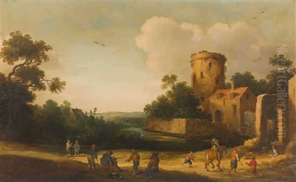 Belebte Landstrase Mit Reiter Und Wanderern Vor Einem Kastell Oil Painting by Joost Cornelisz. Droochsloot