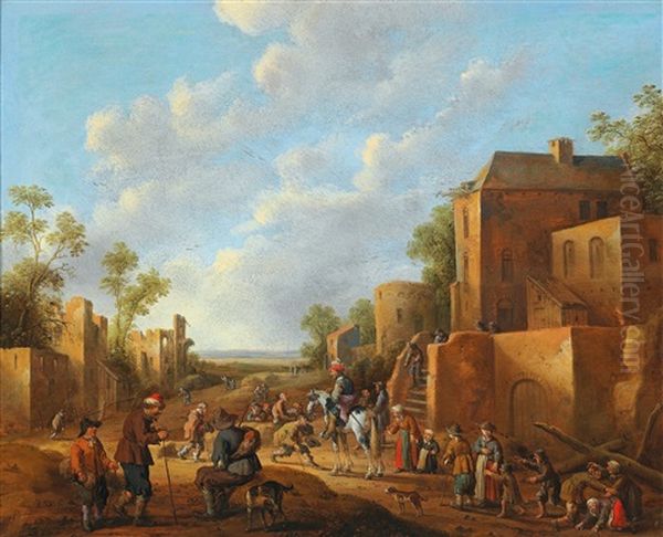 A Village Landscape With Country Folk Near A Tavern Oil Painting by Joost Cornelisz. Droochsloot