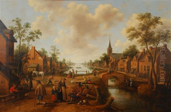 Vue De Village Avec Riviere Et Nombreux Personnages by Joost Cornelisz. Droochsloot