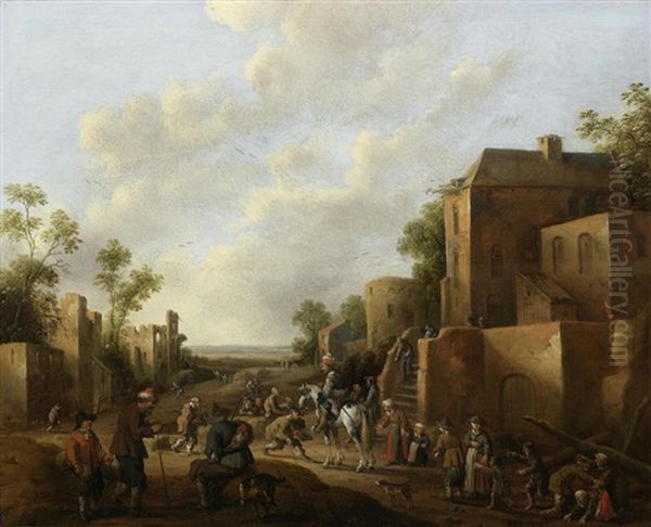 A Village With Figures Gathered Outside An Inn Oil Painting by Joost Cornelisz. Droochsloot