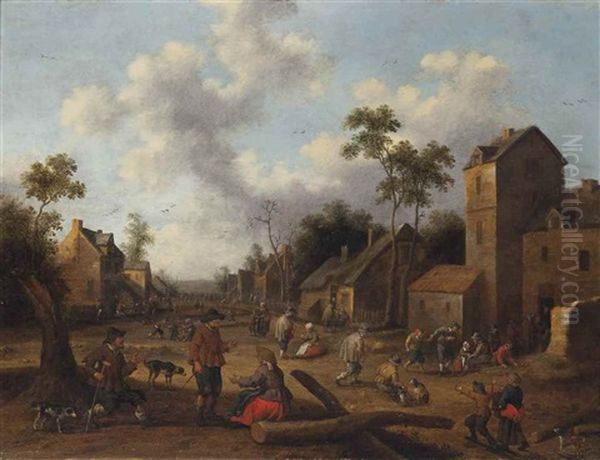 A Village With Figures Conversing And Playing Games Oil Painting by Joost Cornelisz. Droochsloot