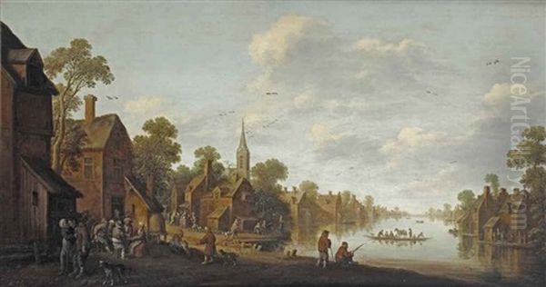 A Town On A River With Peasants Conversing, Fishing And Making Merry At A Tavern, A Ferry Crossing The Water Oil Painting by Joost Cornelisz. Droochsloot