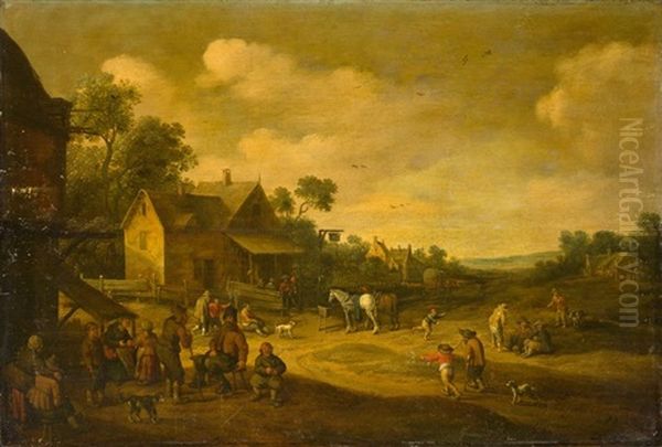 A Village Street With Horse Trough In Front Of The Tavern Oil Painting by Joost Cornelisz. Droochsloot