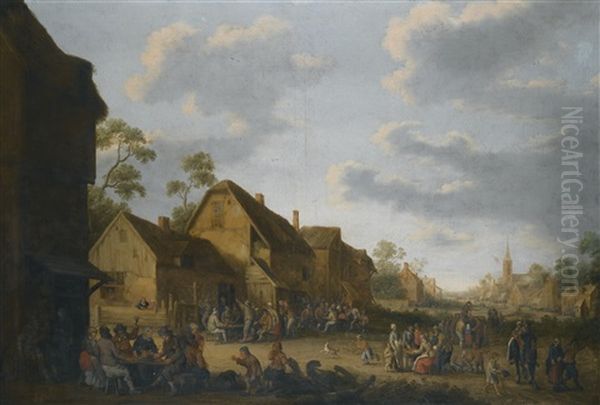 Village Street With Peasants Carousing Outside An Inn Oil Painting by Joost Cornelisz. Droochsloot