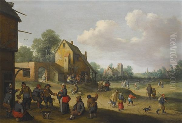 Village Scene With Figures Outside An Inn Oil Painting by Joost Cornelisz. Droochsloot