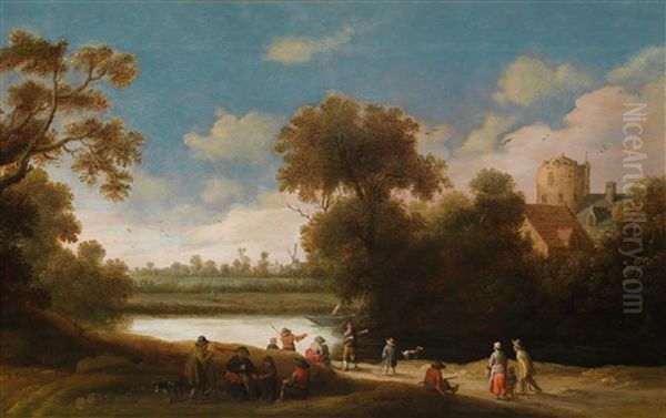 Eine Bewaldete Flusslandschaft Mit Fischern Und Rastenden Wanderern Oil Painting by Joost Cornelisz. Droochsloot