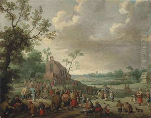 A Landscape With Figures Conversing And Playing Music, A Church Beyond Oil Painting by Joost Cornelisz. Droochsloot