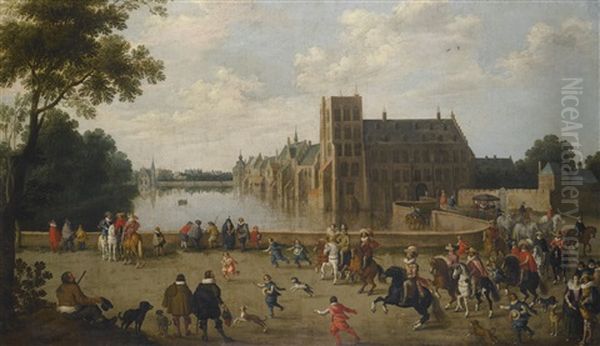 The Princes Of Orange Leaving The Buitenhof And Passing The Western Side Of The Hofvijver In The Hague Oil Painting by Joost Cornelisz. Droochsloot