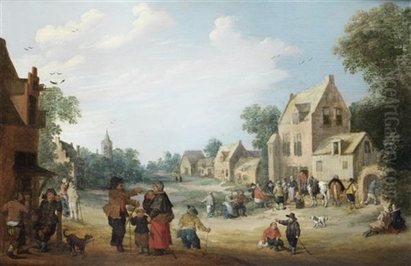 A Village With Figures Gathered Outside An Inn by Joost Cornelisz. Droochsloot