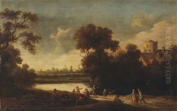 A Wooded Landscape With Figures Resting And Fishing Near A Lake Oil Painting by Joost Cornelisz. Droochsloot