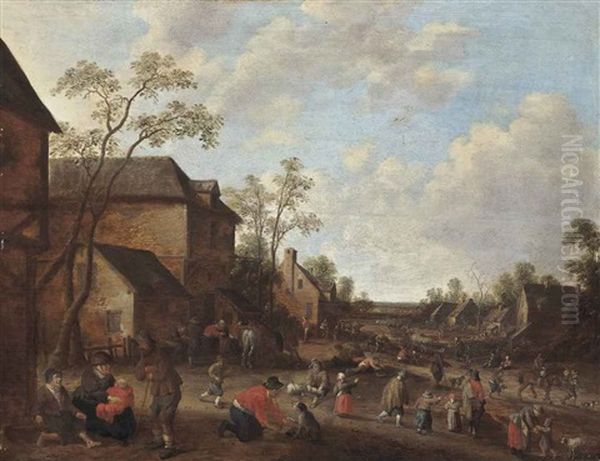 A Village With Figures Conversing And Playing Games Oil Painting by Joost Cornelisz. Droochsloot