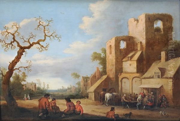 Merrymaking Outside An Inn Oil Painting by Joost Cornelisz. Droochsloot