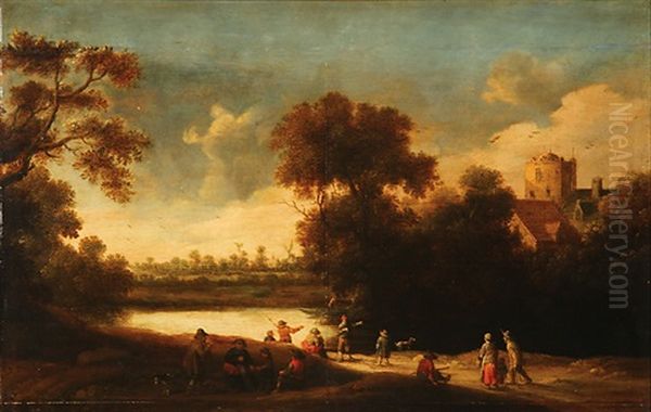 Landscape With Figures And Distant Windmill And Buildings Oil Painting by Joost Cornelisz. Droochsloot