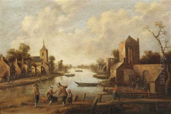 A Village Near A River, Figures In The Foreground Oil Painting by Joost Cornelisz. Droochsloot