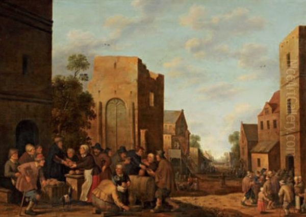 Scene De Village Hollandais (in 3 Parts) Oil Painting by Joost Cornelisz. Droochsloot